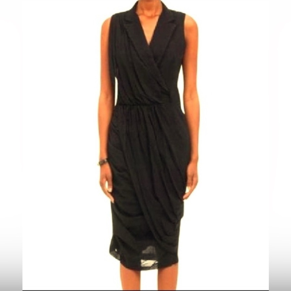 GUC Band Of Outsiders- Black Wool Ruched Tuxedo Midi Dress. Size 0
